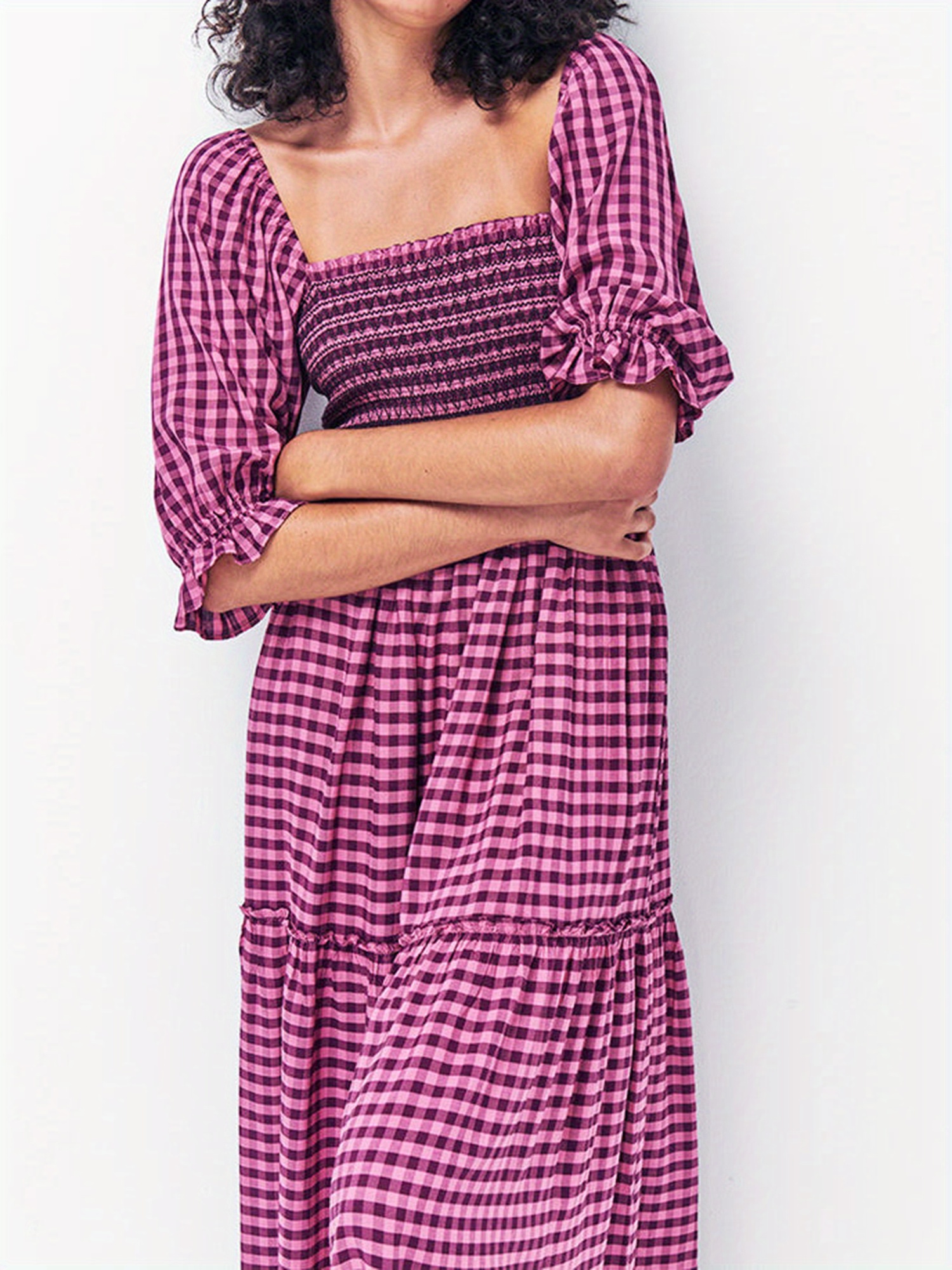womens casual gingham print a line dress puff sleeves square - Temu