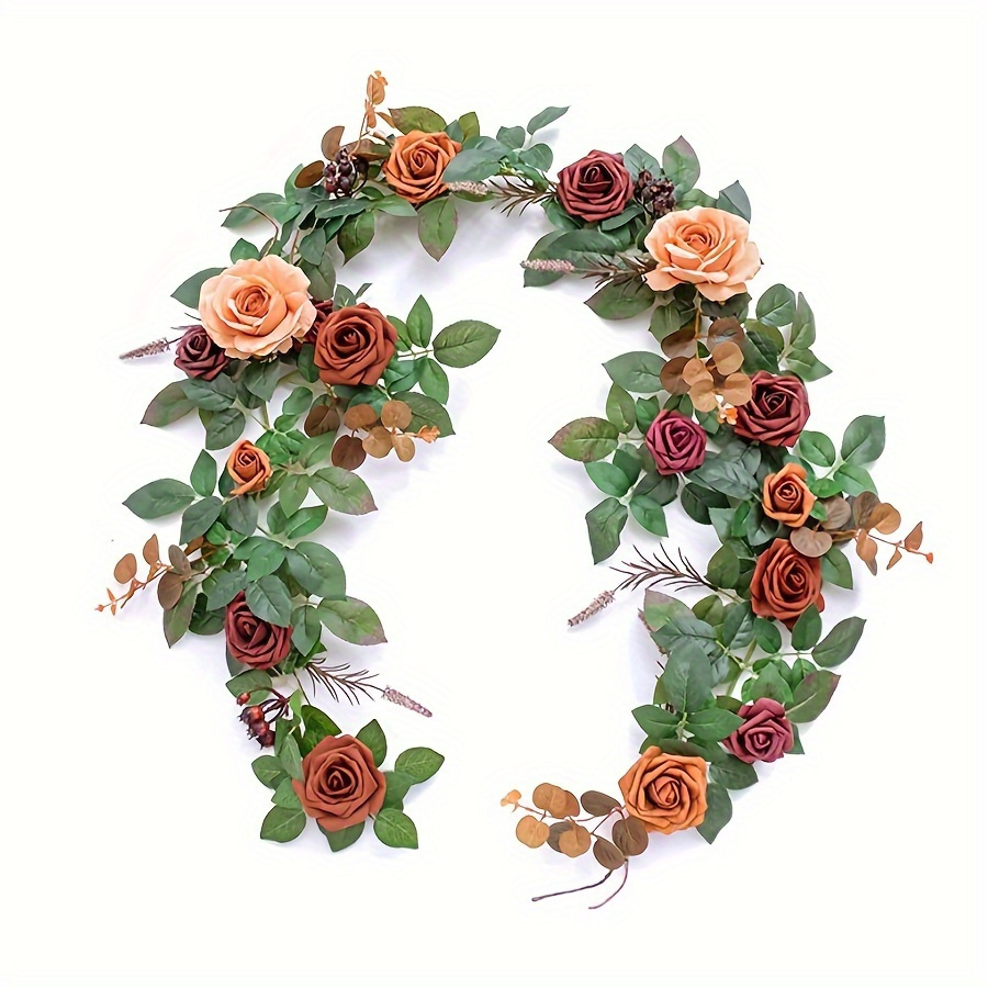TEMU 6ft Long Artificial Rose Flower Runner With Burgundy Roses & Green Foliage - Elegant Wedding Table Centerpiece, Party Decor, And Home Accent For Weddings, Birthdays, Valentine's Day, Day Gift