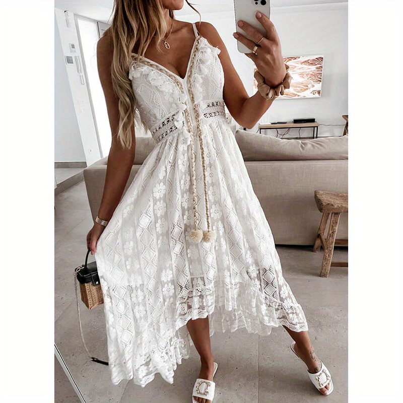 

Women Lace Hem Dress, Deep V-neck Sleeveless Beachwear, Summer Skirt, Beige/ White