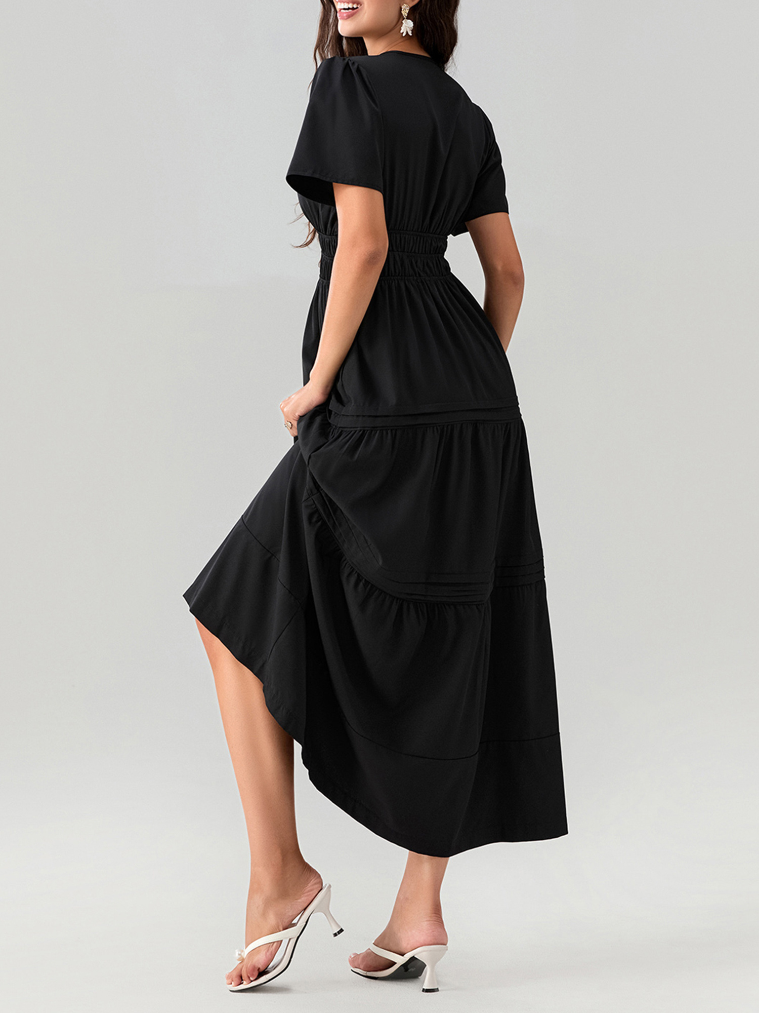 women maxi long dress smocked waist pintucked hem side slant - Temu