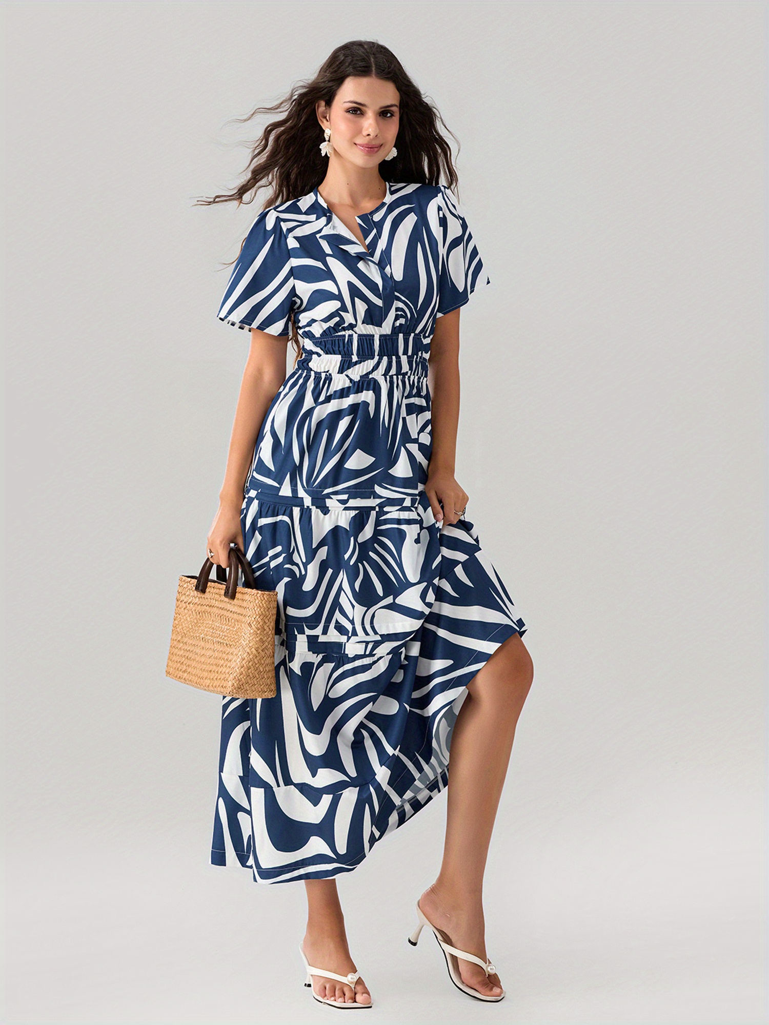 womens maxi dress pleated waist slant pockets hem v - Temu