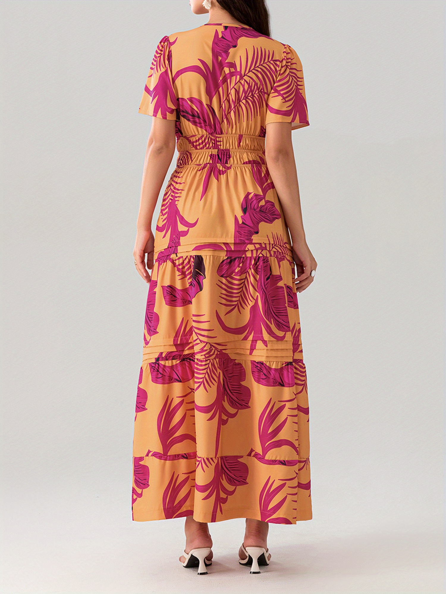 flowy dresses with pockets Casual Floral Short Flutter Sleeve V Neck Smocked High Waist Flowy Maxi  Dress with Pockets main image 0