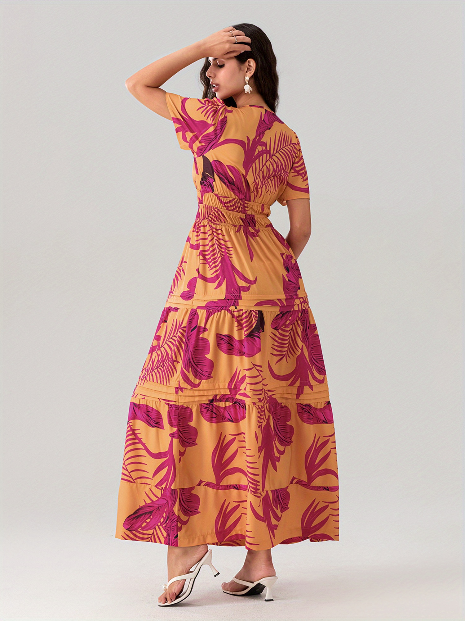 women maxi long dress smocked waist pintucked hem side slant - Temu