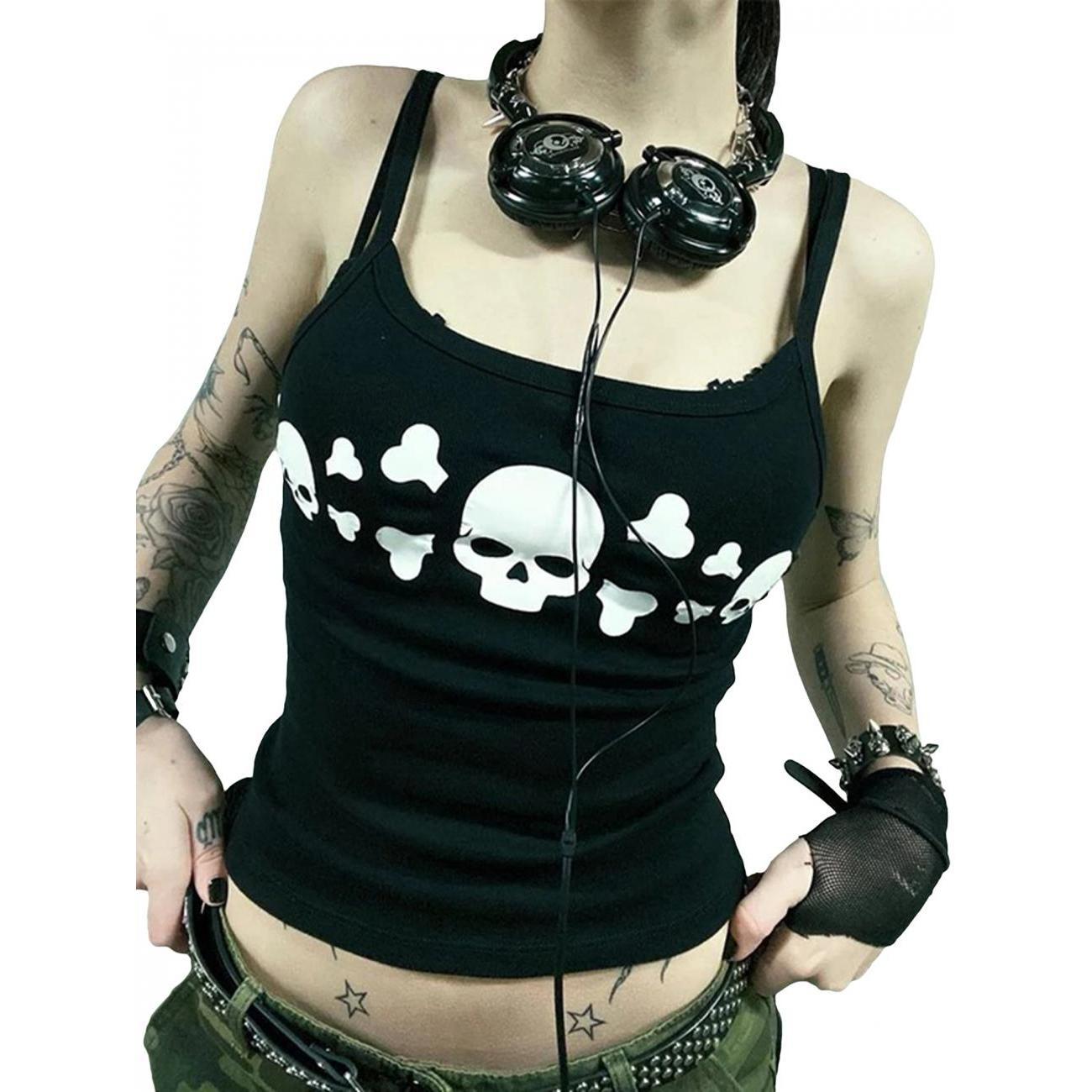 

Women Goth Tank Tops Vintage Skull Print Backless Low Cut Camisoles Grunge Sleeveless Slim Fit Shirt Streetwear