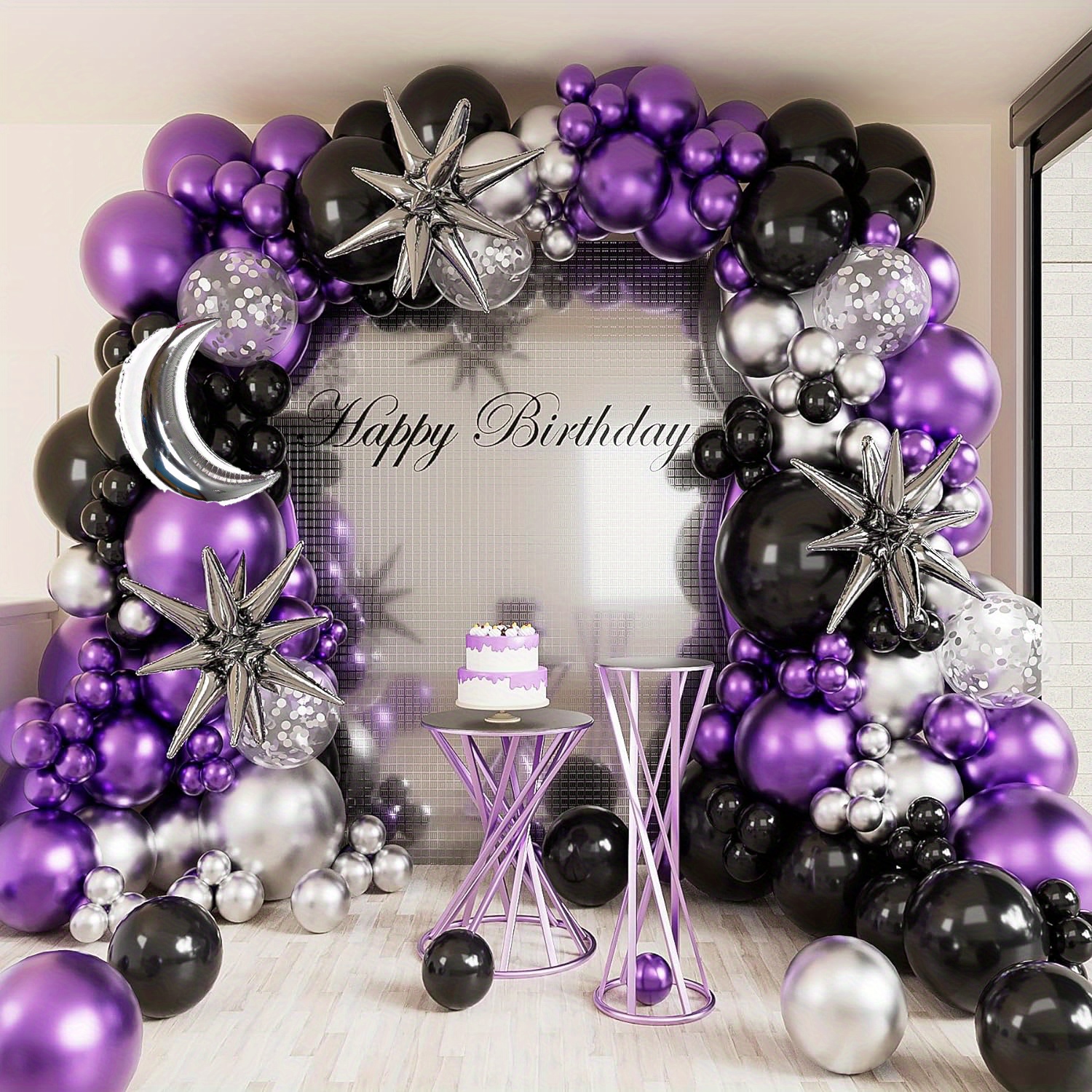 

154pcs Balloon Arch Kit - Metal Purple & Black Latex Balloons, Silver Sequin, Moon & Star Aluminum Film - 14+ Age Group, No Power Required - Ideal For Birthdays, Parties, Graduations & Seasonal Events