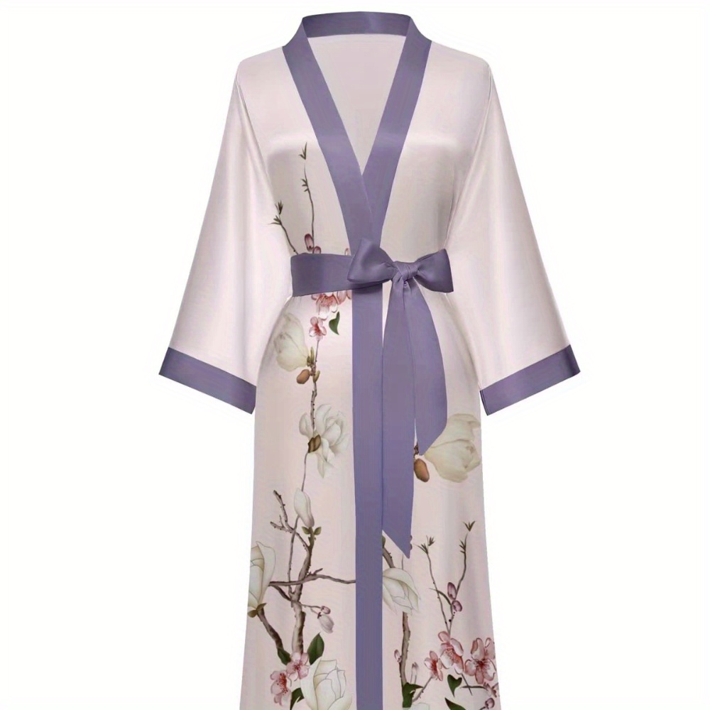 

Women's Long Kimono Robe Floral Silk Robes Satin Bathrobe Sleepwear Print Silky Nightgown Wedding Robe
