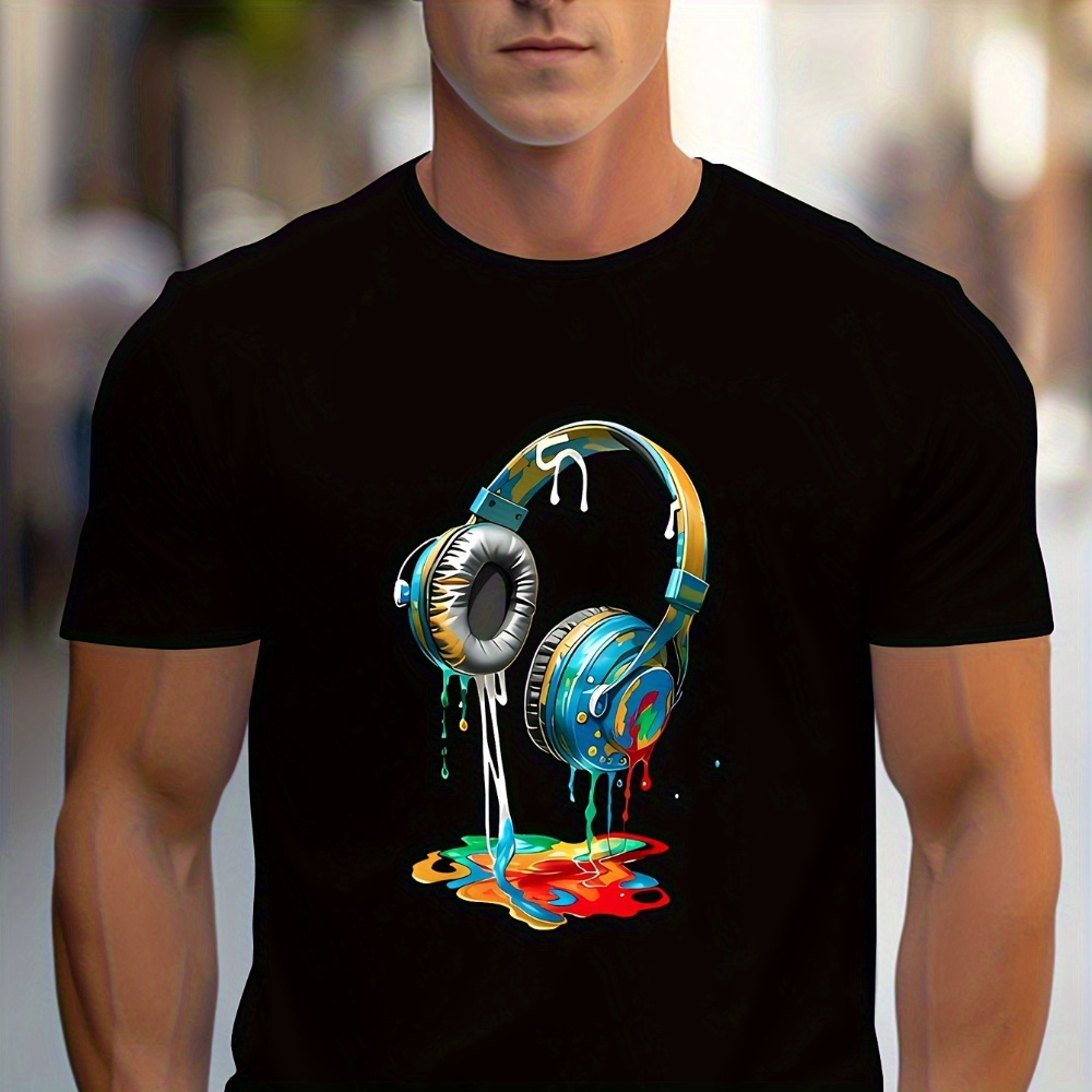 

Earphone Printed T-shirt Men's Casual Style Summer And Autumn Slightly Elastic Round Neck T-shirt