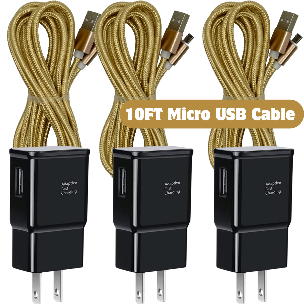 

3x Micro Usb 10ft Cable Usb Wall Charger Fast Charging For Samsung Galaxy Android