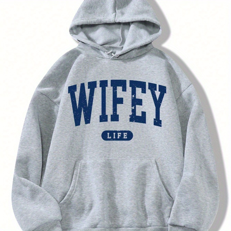 

Wifey Print Kangaroo Pocket Hoodie, Casual Long Sleeve Drawstring Hoodies Sweatshirt, Women's Clothing