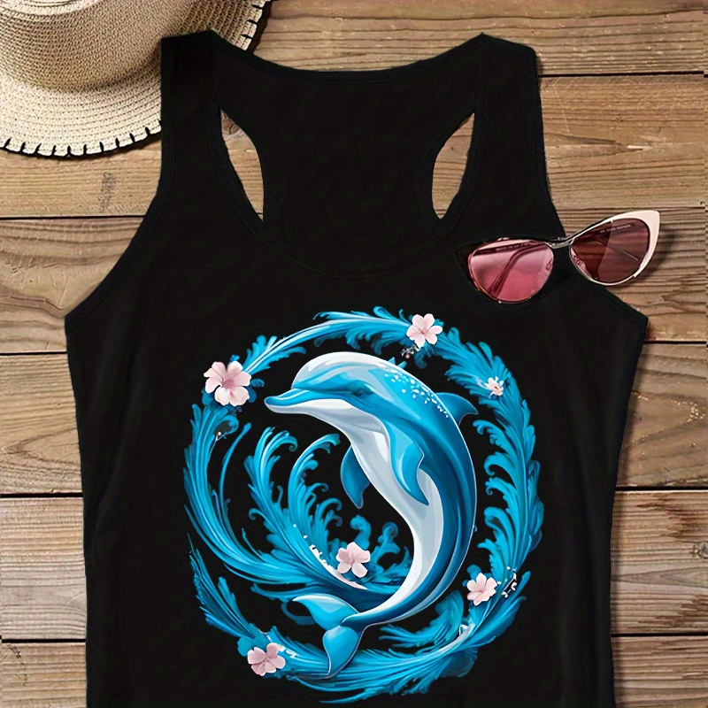 

Plus Size Dolphin Print Tank Top, Casual Sleeveless Crew Neck Top For Summer & Spring, Women's Plus Size Clothing