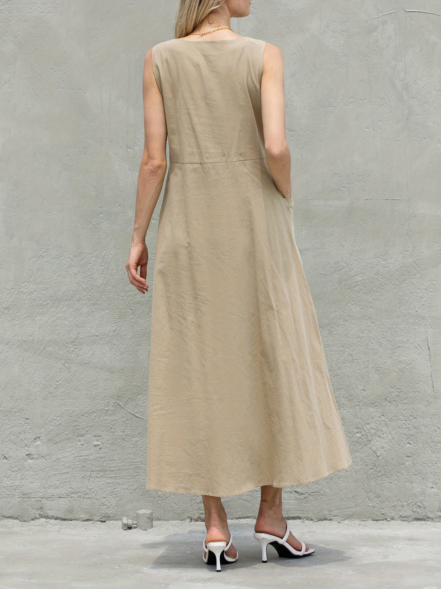 women sleeveless boho long dress solid color crew neck - Temu