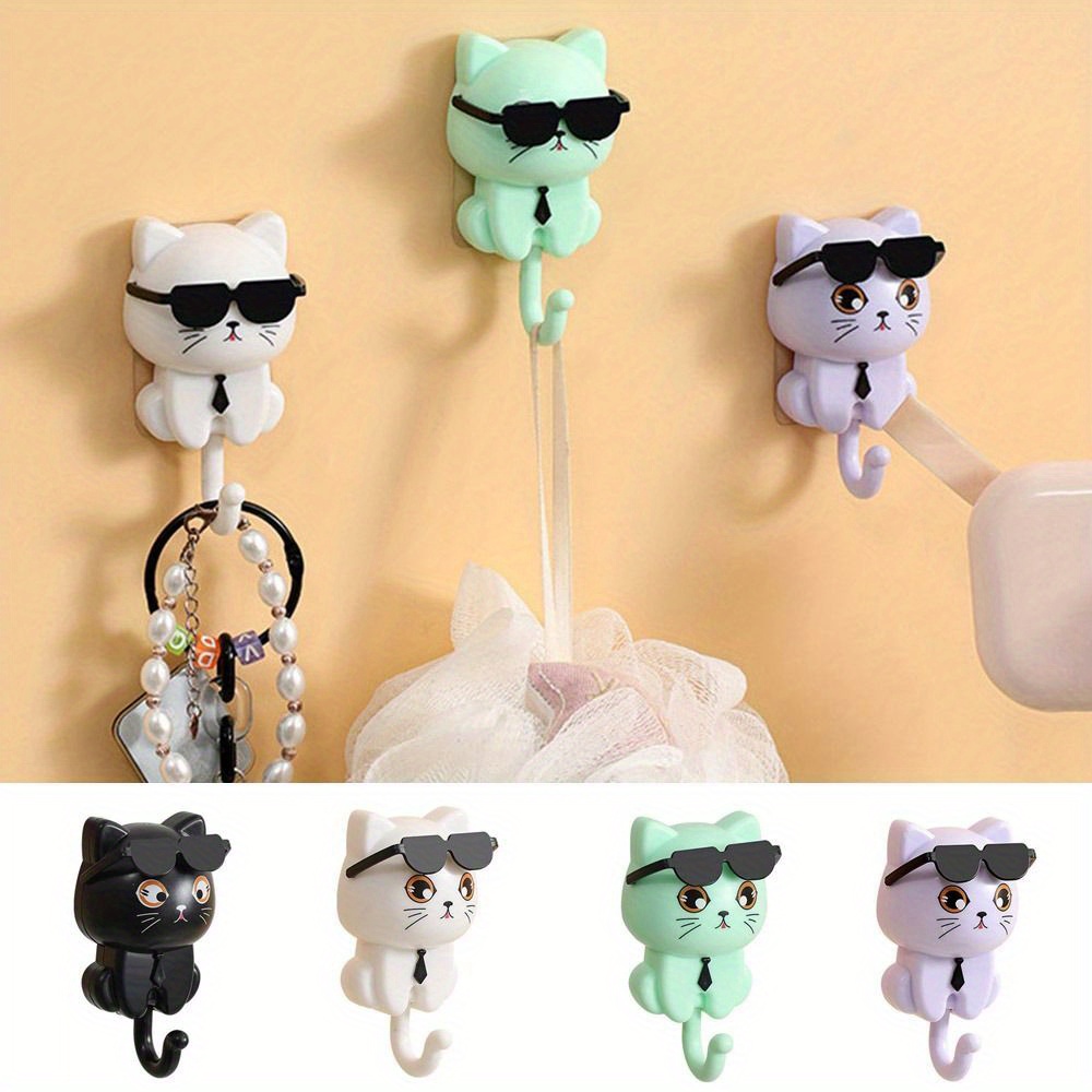 

Cartoon Cat Wall Hooks - Plastic Casual Style, Easy To Install, Wall-mounted Decorative Key Holders With Glasses Design, Waterproof Utility Hook Set For Kitchen And Home Use