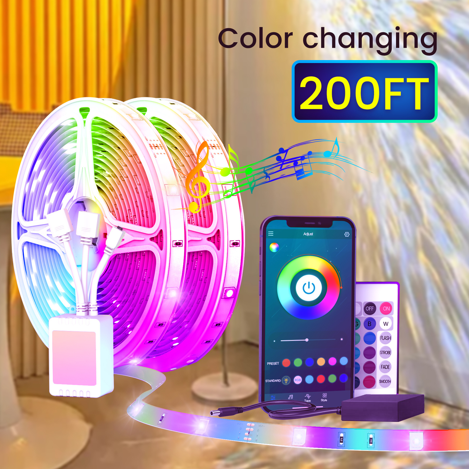 

25/ 50/ / 130/ 200 Ft Rgb Led Light Strip, Light Strip, Application Control And Remote Control, 24 Volt, Music Color Changing Light, Suitable For Rooms, Parties, Home Decor