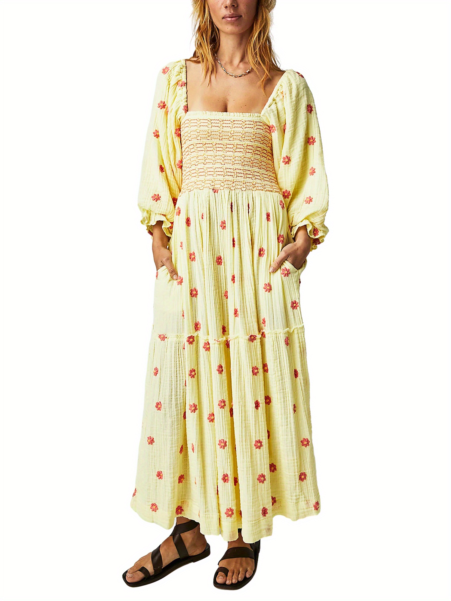 women maxi dress square neck long sleeves swing - Temu