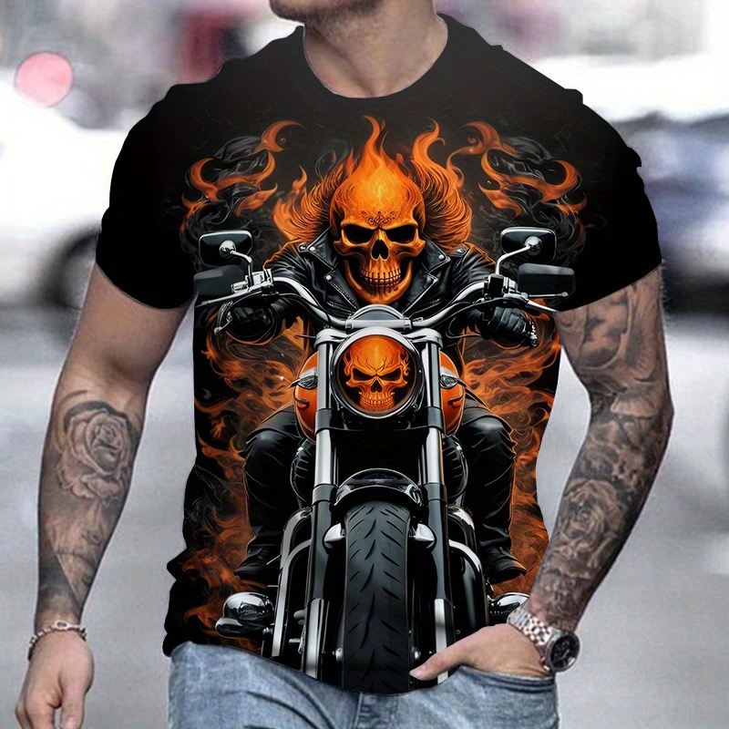 

3d Digital Skeleton Motorcycle Rider And Fire Graphic Print Crew Neck And Short Sleeve T-shirt, Men's Summer Fashion Tee, Novel And Stylish Leisure Tops For Outdoors Activities