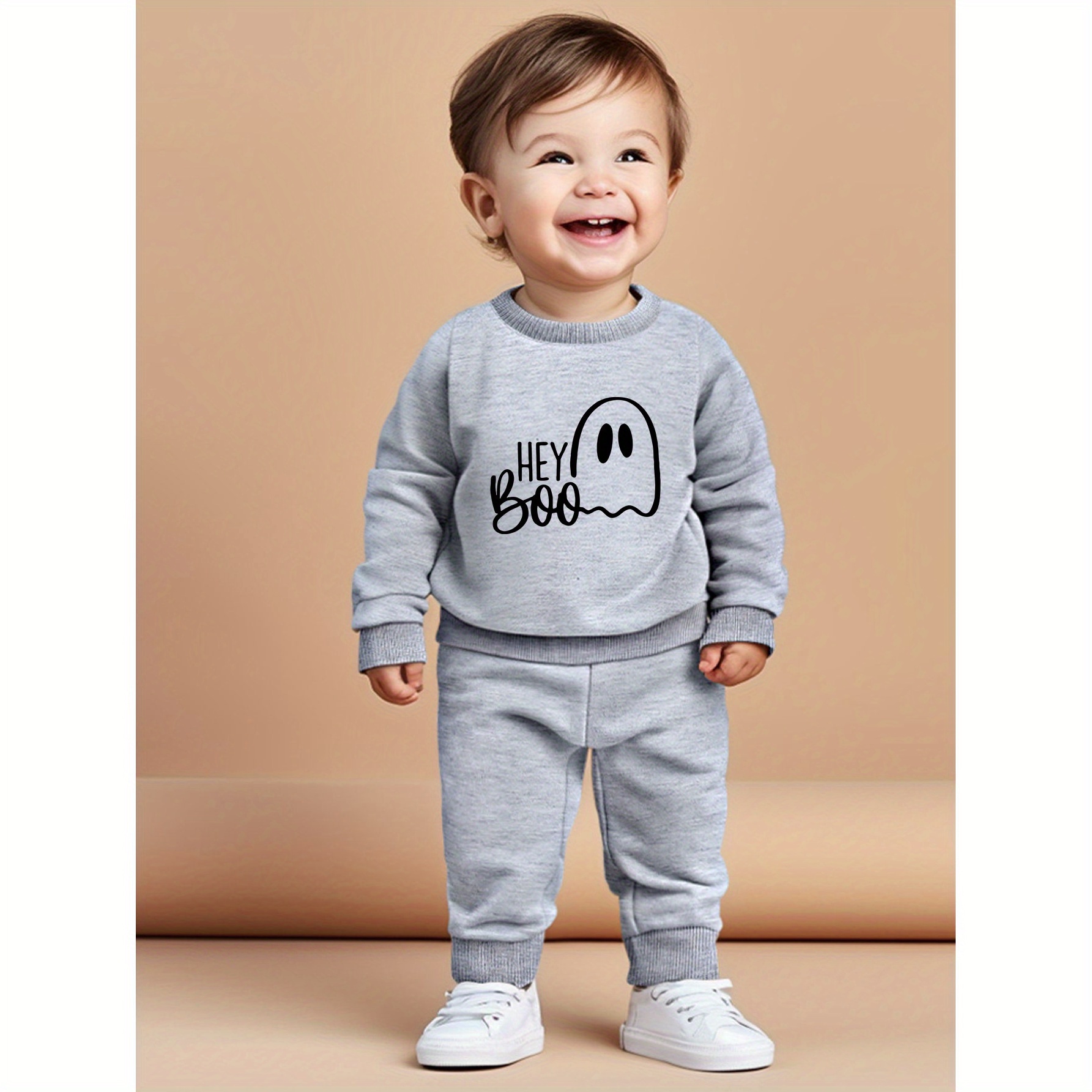 

Baby Boys 2pcs Halloween Ghost Print Round Neck Long Sleeve Sweatshirt And Trousers Set, Soft & Comfortable For Autumn And Winter