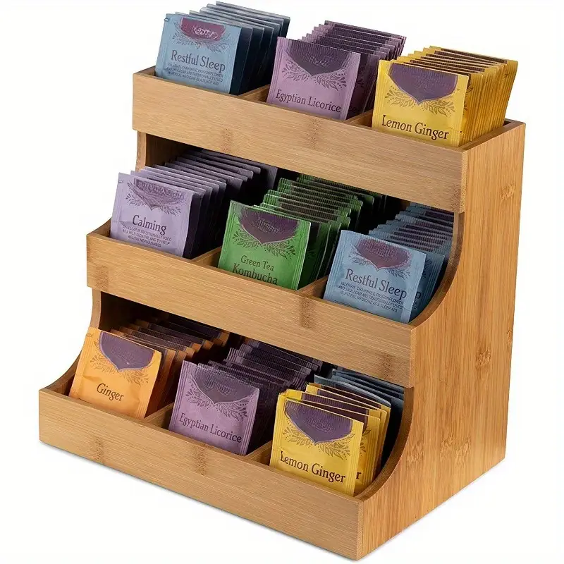 Organiseur Boîte à Thé En Bambou 4 Compartiments – Support Sachets Thé, Café, Sucre – 31x11x13 Cm