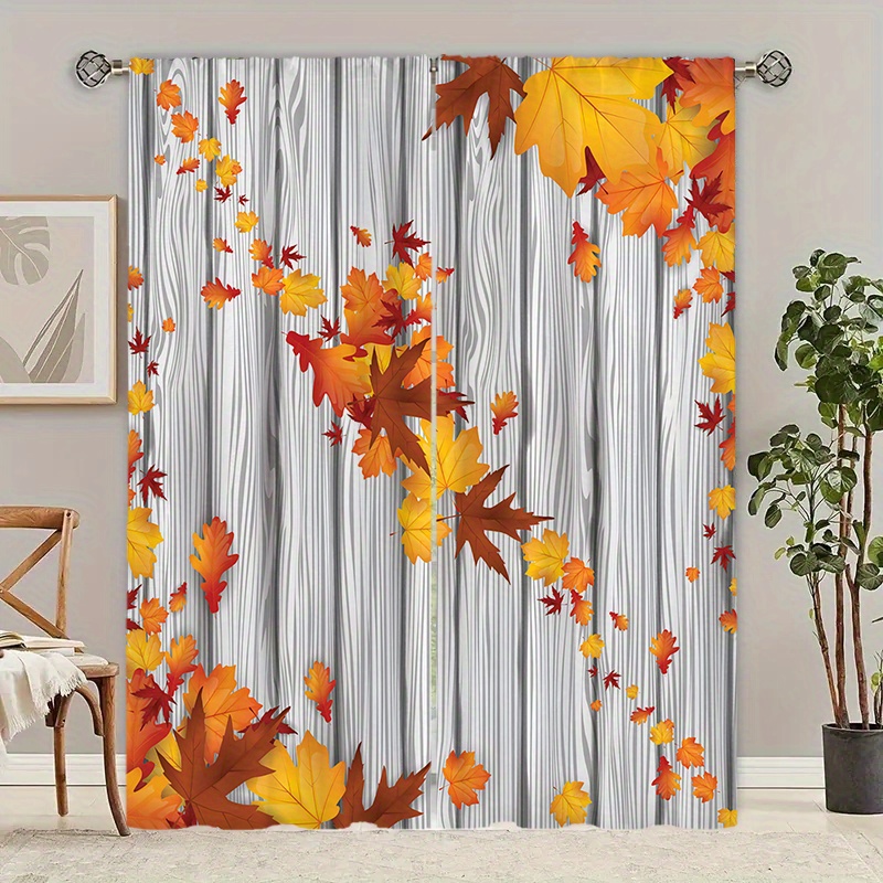 

Autumn Maple Leaf Blackout Curtain Panels - 2pcs Knit Polyester Fabric With Rod Pocket, Contemporary Style Bedroom & Living Room Window Drapes, Machine Washable, Cordless - Thanksgiving Decor