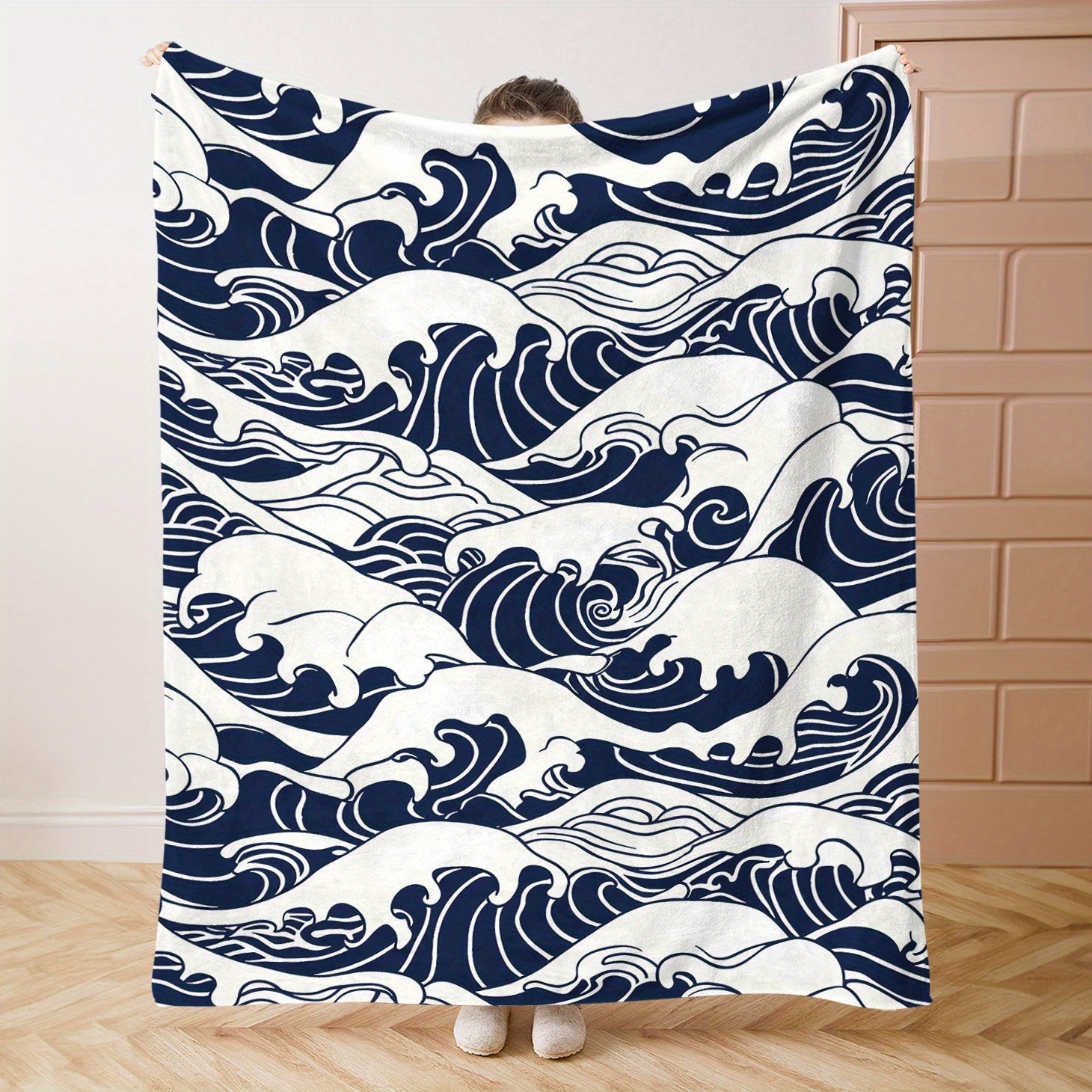 

Japanese -e Waves Print Flannel Blanket - Soft And Comfortable Throw For Bed, Sofa, Office, Or Camping