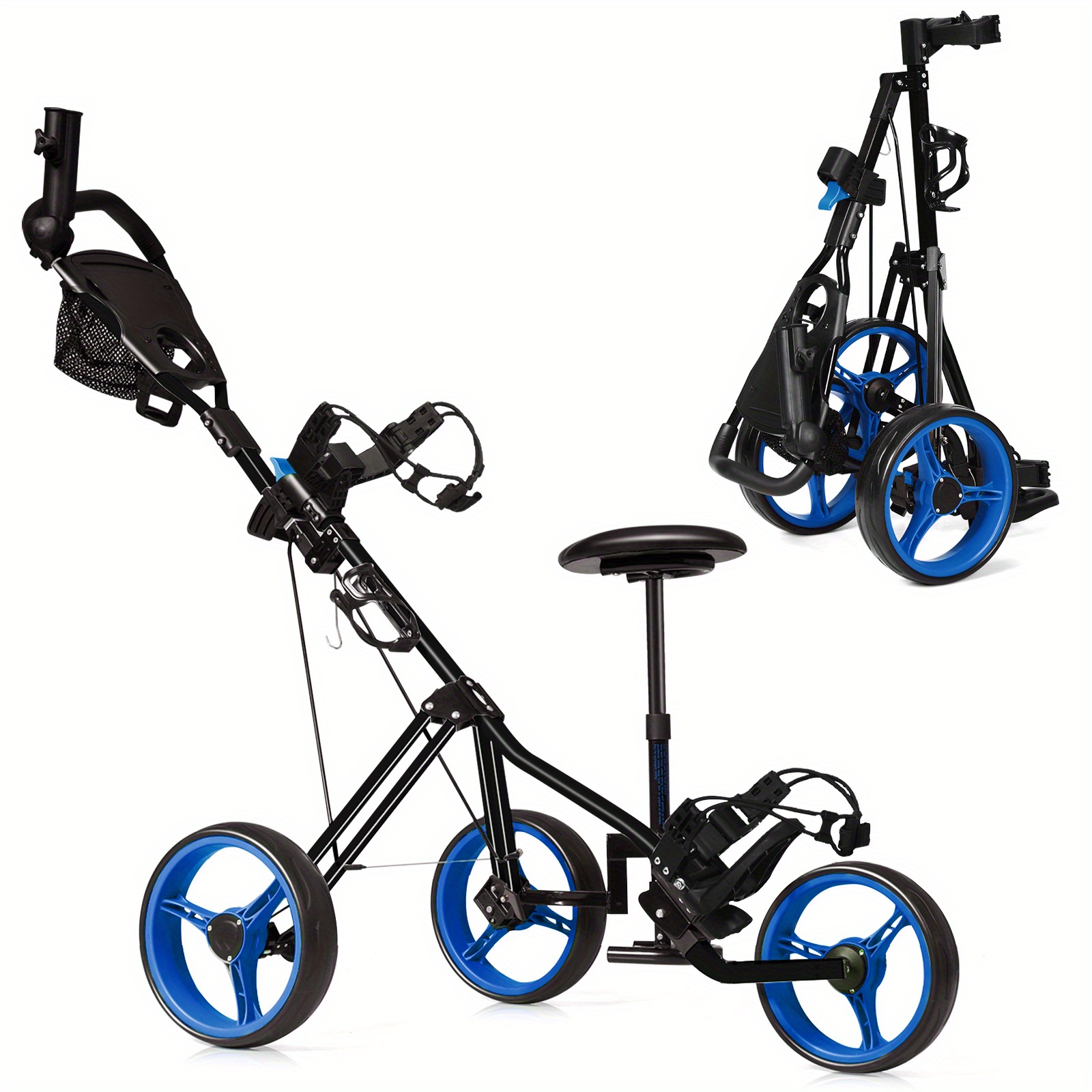 

Gymax Foldable 3 Wheel Push Pull Golf Club Cart Trolley W/seat Scoreboard Bag Blue