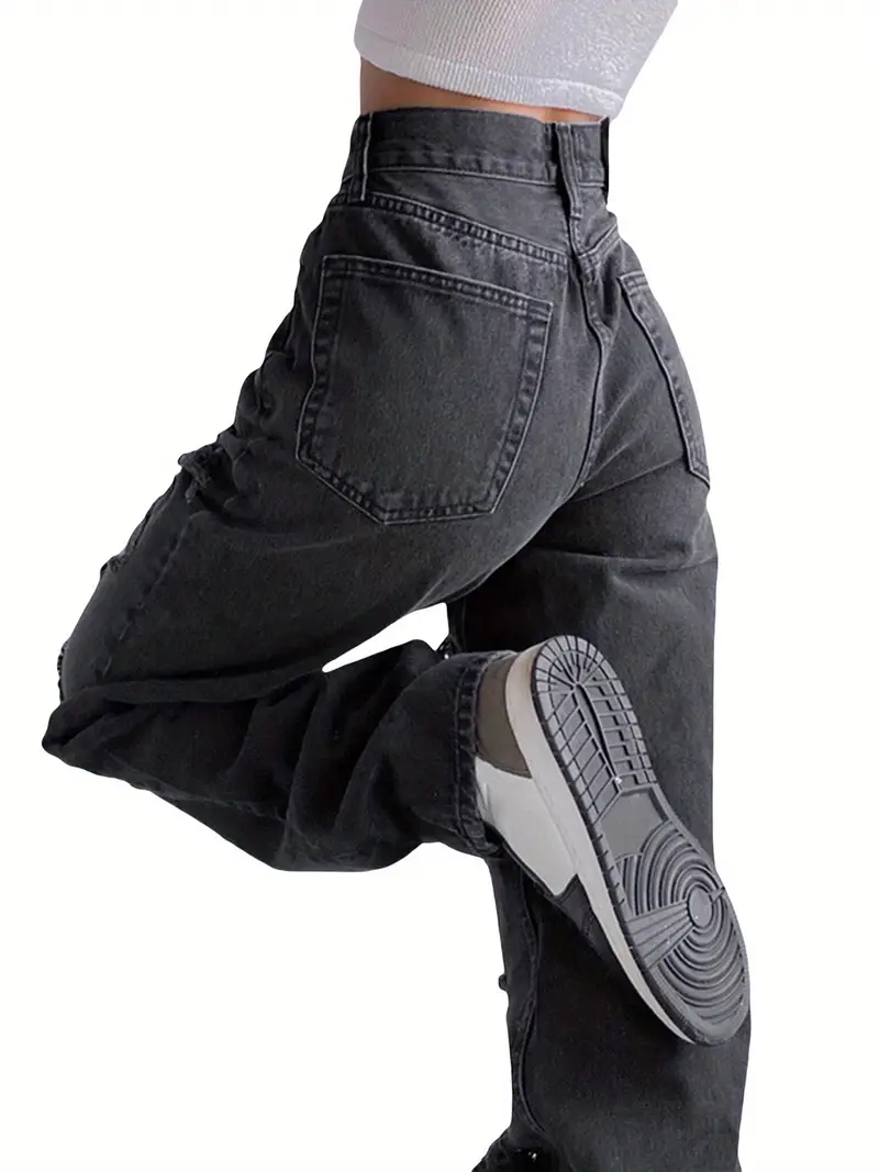 Street Solid Ripped Hollowed Out Regular Denim Jeans Street Solid Ripped Hollowed Out Regular Denim Jeans