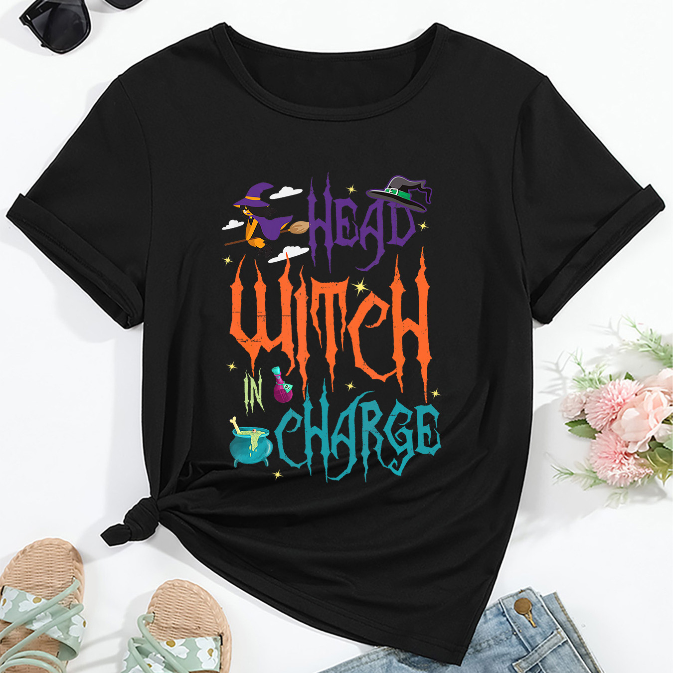 

Halloween Witch Print T-shirt, "head Witch Charge" Casual Print Short Sleeve