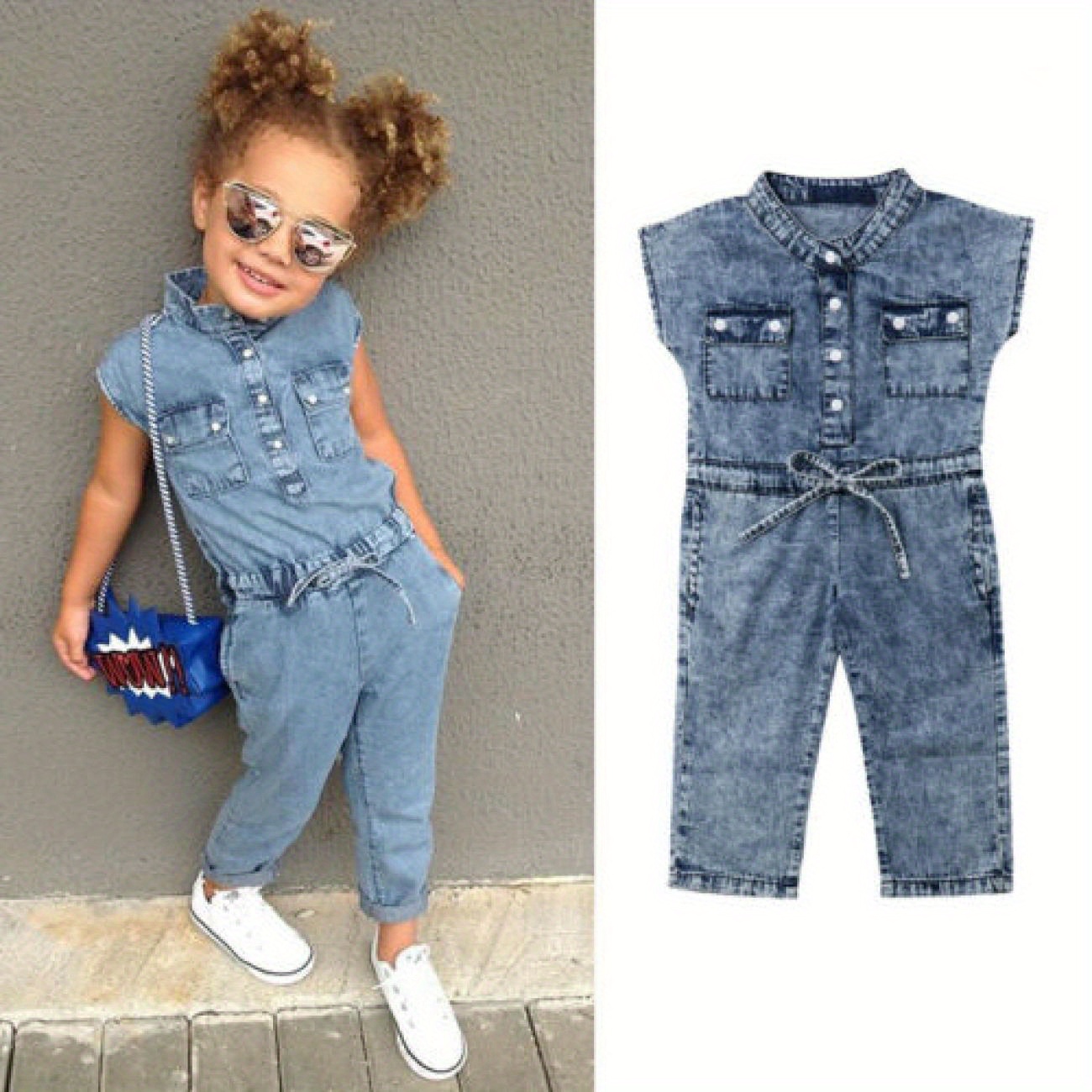 

1-6 Years Little Girls Summer Denim Jumpsuit, Sleeveless Folded Collar Button-down Outfit, One-piece Chest Pockets Long Pants Clothes