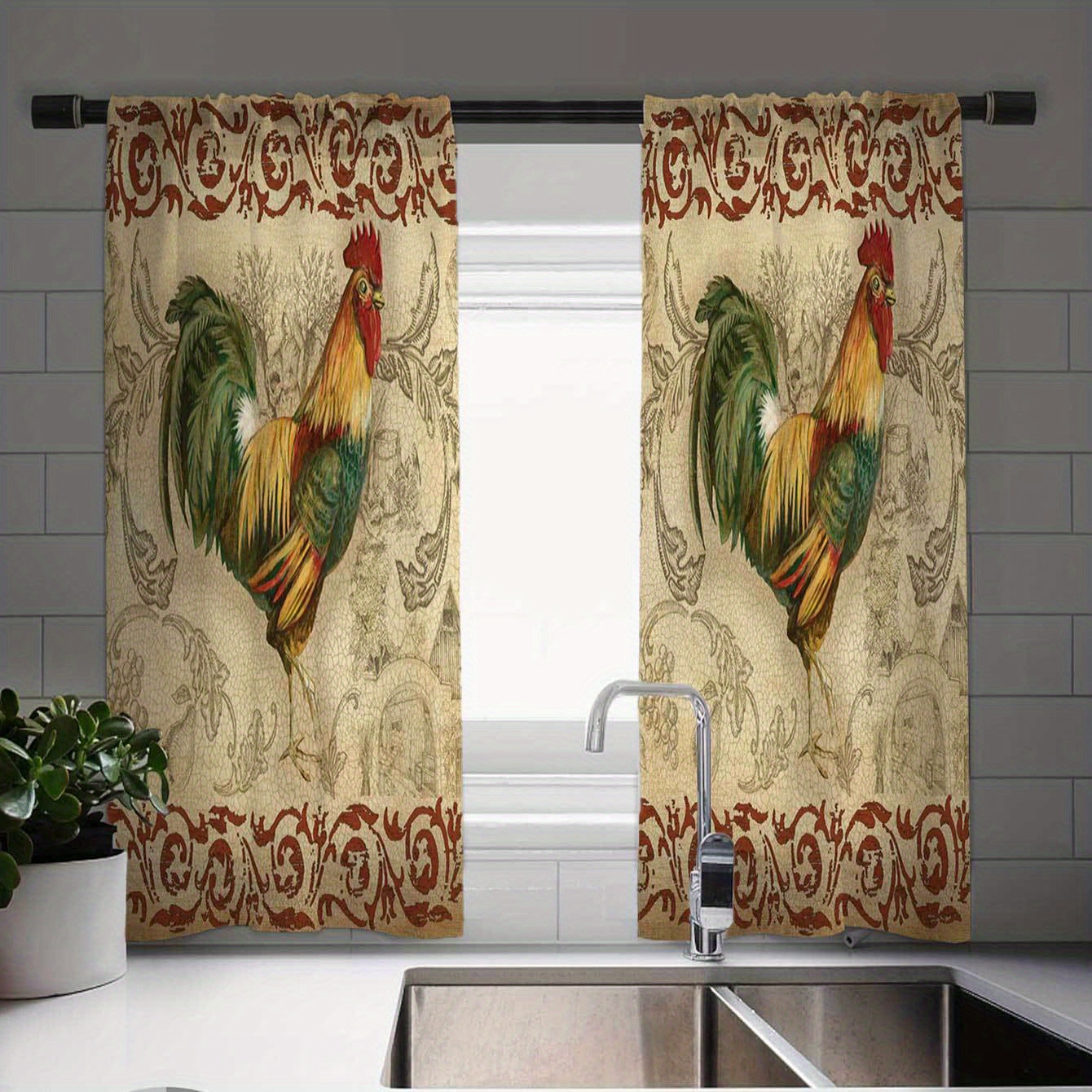 

Elegant Farmhouse Rooster Print Curtains: Charming - Vintage Style Window Decor For Kitchen, Farmhouse, Living Room, And Bedroom