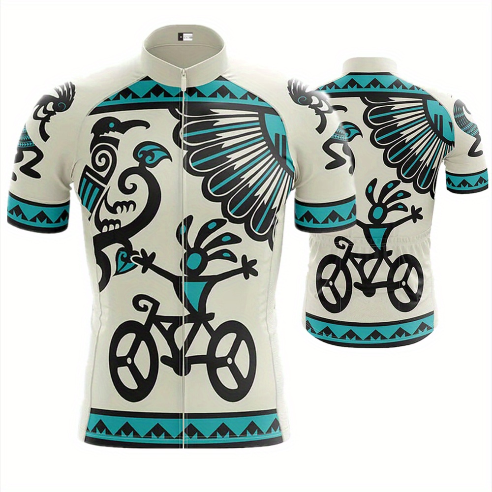 

Men's Ethnic Themed Biker Pattern Short Sleeve Biking Jersey, Zip Up Quick-drying Road Cycling Sweat-absorbing Clothing With Reflective