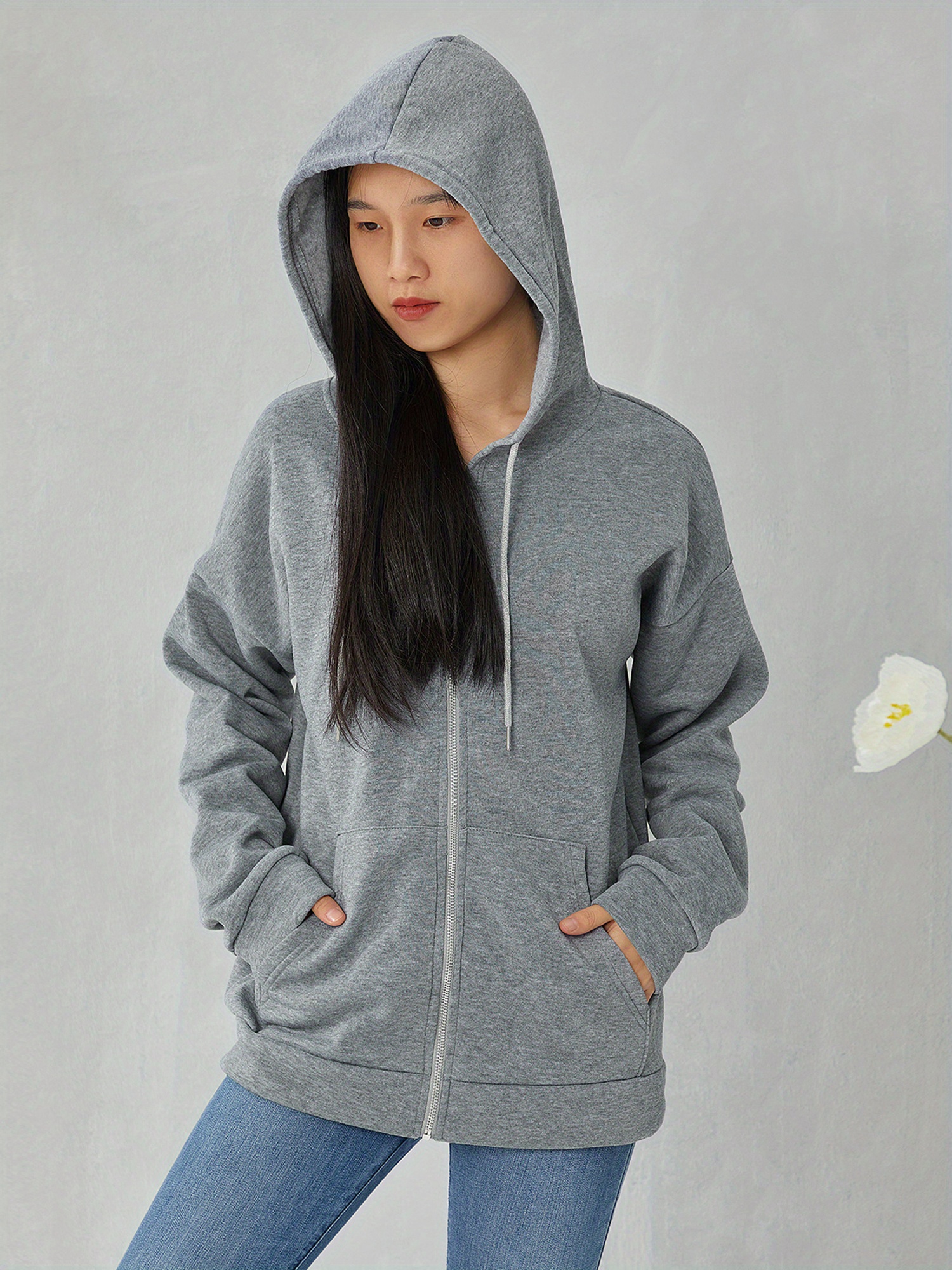 Sweats à Capuche Femme Zippé Oversize Grande Taille Couleur Unie Veste