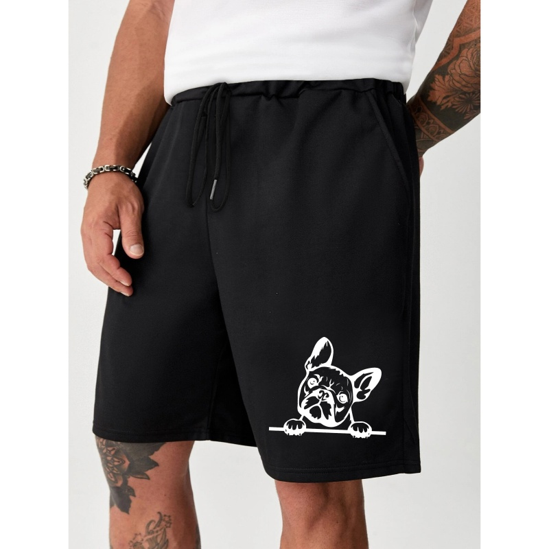 

Creative French Bulldog Pattern Print Comfy Sports Shorts, Men's Casual Slightly Stretch Knee Long Elastic Waist Drawstring Shorts For Summer Outdoor Activities