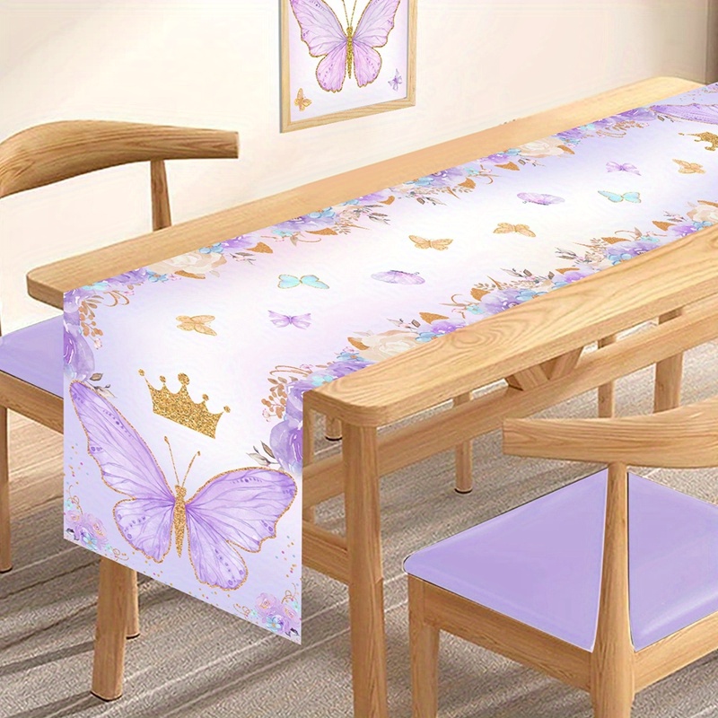 

Butterfly Crown Polyester Table Runner – Universal Decor For Birthday, Baby Shower, Wedding, And Party – Floral And Butterfly Theme, Machine Made Table Decoration, 1pc