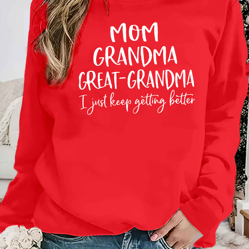 

1pc Women's Casual Round Neck Long Sleeve Sweatshirt With "mom Grandma Great-grandma I Just " Lettering - Polyester Knit Fabric, 250g/m² Weight, Fashionable Autumn/winter Pullover