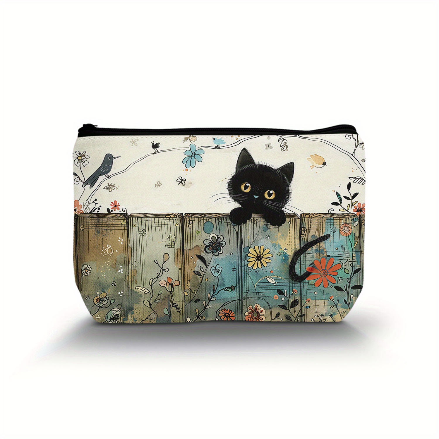 

Chic Retro Cat Pattern Cosmetic Bag - Lightweight Polyester Makeup Pouch With Zipper, Perfect For Travel & Gifts