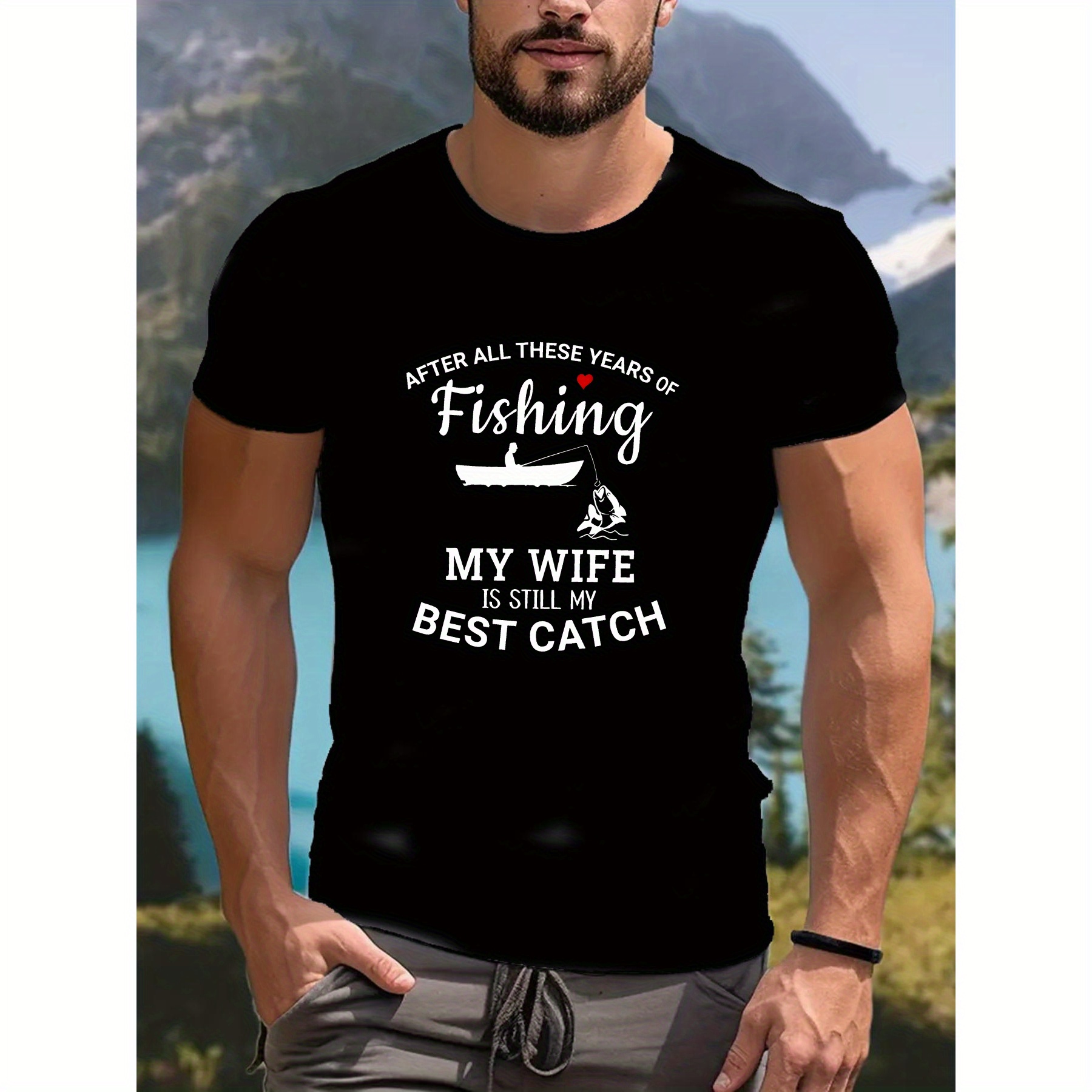 

Fishing Print T-shirt, Casual Slightly Stretch Crew Neck Short Sleeve Tee, Men's Clothing For Summer