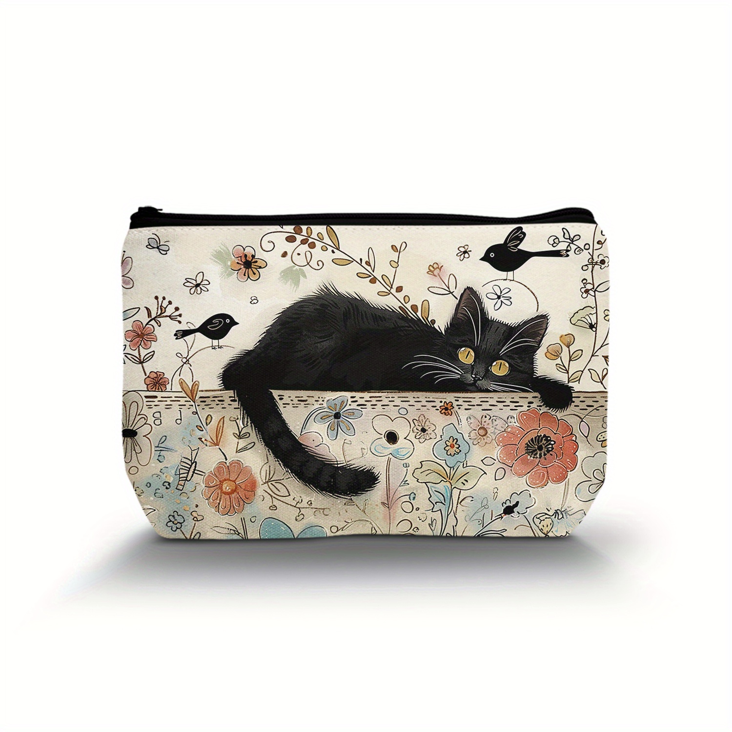 

1pc Retro Cat Print Cosmetic Bag - Polyester Toiletry Pouch With Zipper Closure, Casual Style, Hand Washable, Lightweight Makeup Organizer, Ideal Gift For Bridesmaids, Teachers & Friends