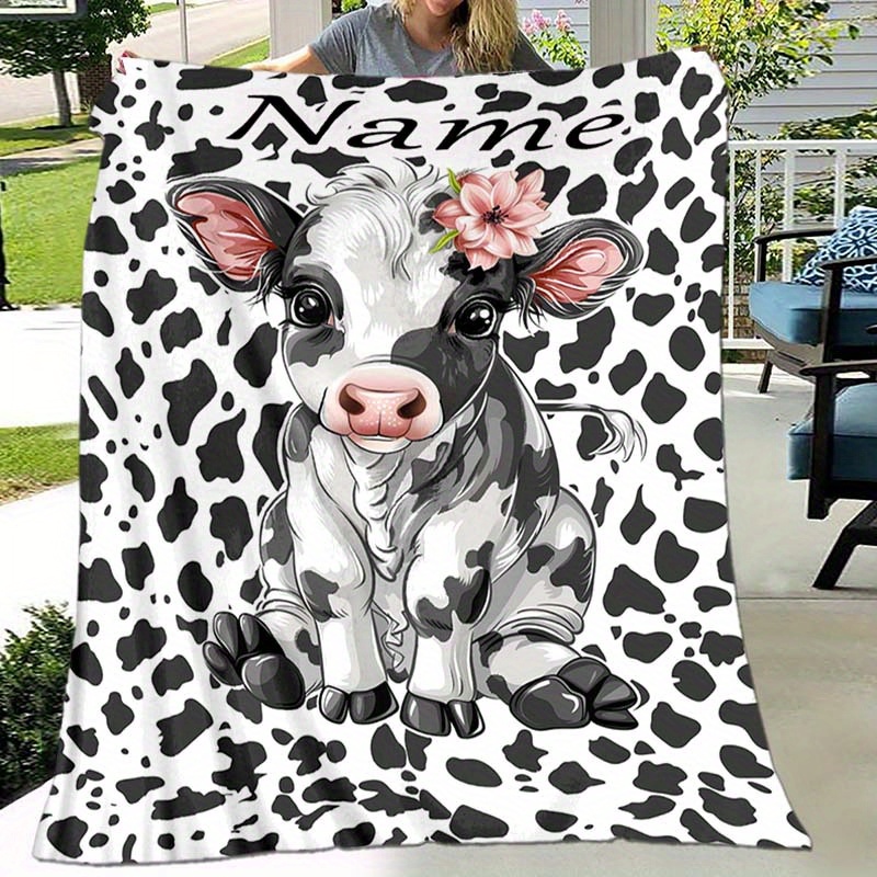 

Personalized Dairy Cow Throw Blanket With Custom Name - Soft Flannel Knitted Polyester, Digital Print, Animal Theme, All-season Glam Style, Warm & Cozy For Napping, Camping, Travel