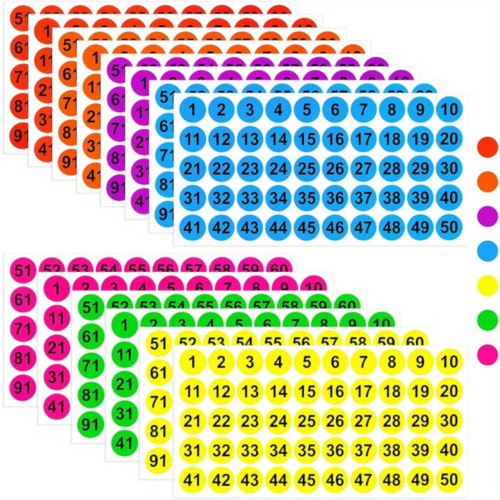 

Consecutive Number Stickers: 700 Pieces, 7 Bright Colors, 14 Sheets, 1- Round Labels, 1 Inch, Self-adhesive, Vinyl, Suitable For School, Office, Classroom, Inventory, Storage, Bins