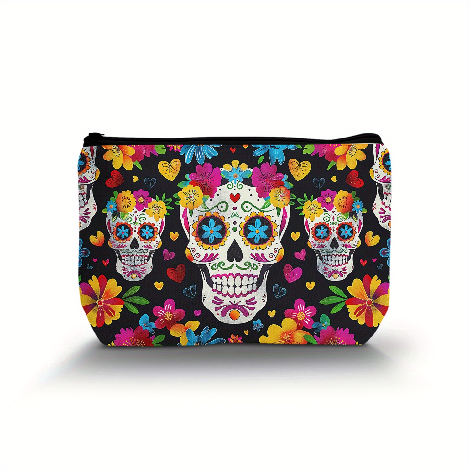 

Vibrant Skull Print Makeup Bag: Zippered, Lightweight, And Perfect For Travel Or Organizing Your Cosmetics - A Versatile Gift For Bridesmaids, Teachers, And Friends