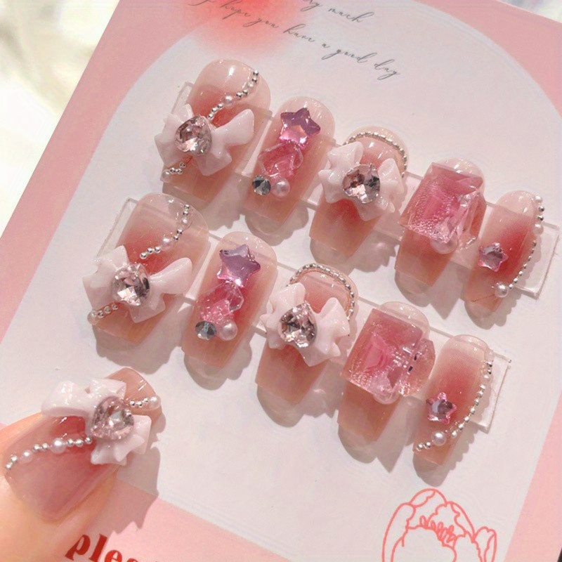 

24/48pcs Sweet Blush -on Nails Set With 3d Bowknot & Pearl Rhinestones - Medium , For Elegant Diy Nail Art, Manicure Accessories|3d |decorative Nails, Nail Charms