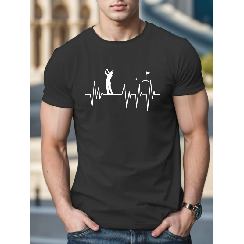 

Golf Ekg Print T-shirt, Casual Comfy Breathable Slightly Stretch Crew Neck Tee, Men's Clothing For Summer Outdoor