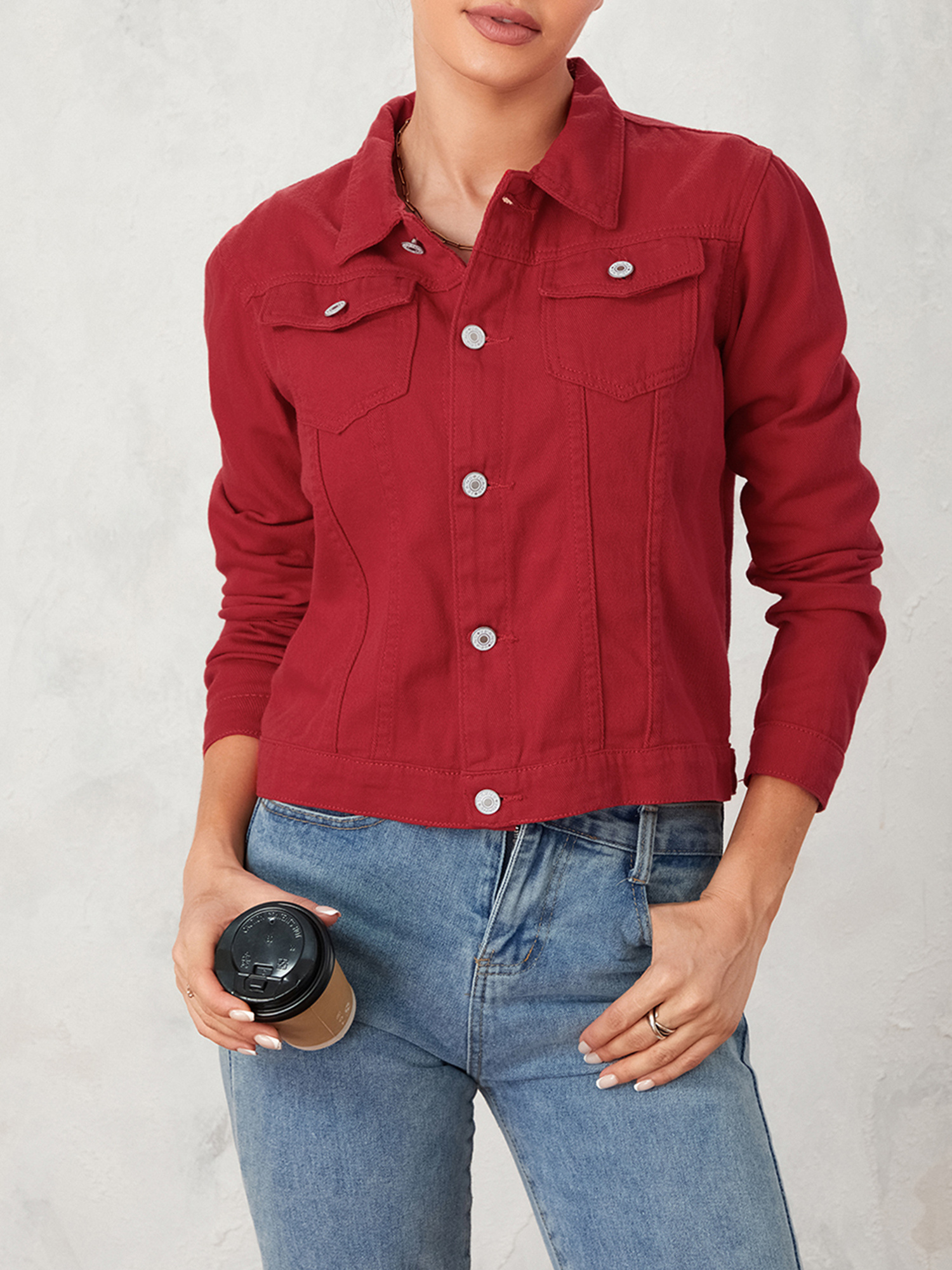 womens red casual denim jacket short style long sleeve Temu