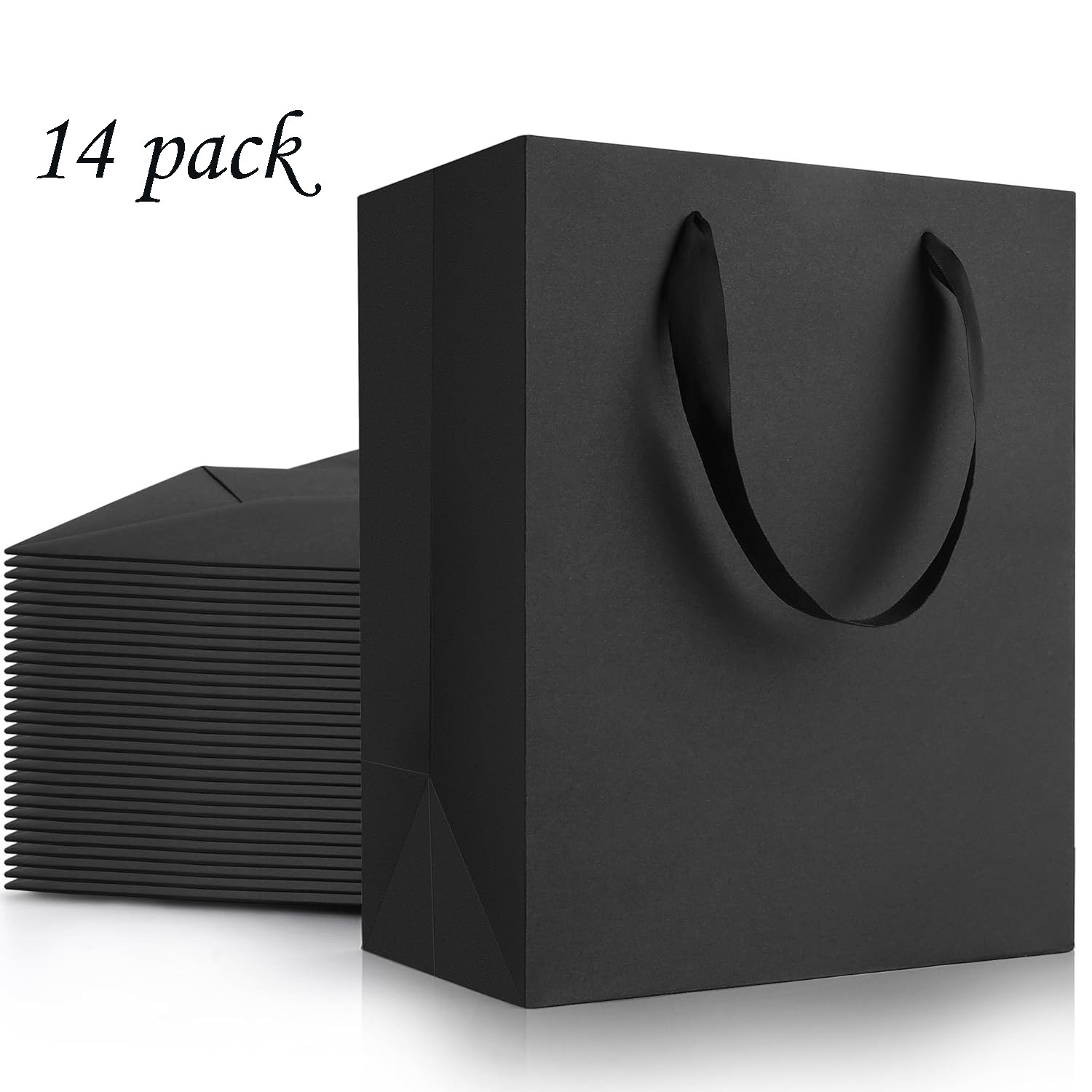 

14 Pack 8"x5"x10" Paper Bags Packaging Medium Black Gift Bags With Ribbon Handles For Small Business, Reusable Bags For Shopping, Favors, Birthday, Bulk Or Party Shopping Wedding Birthday