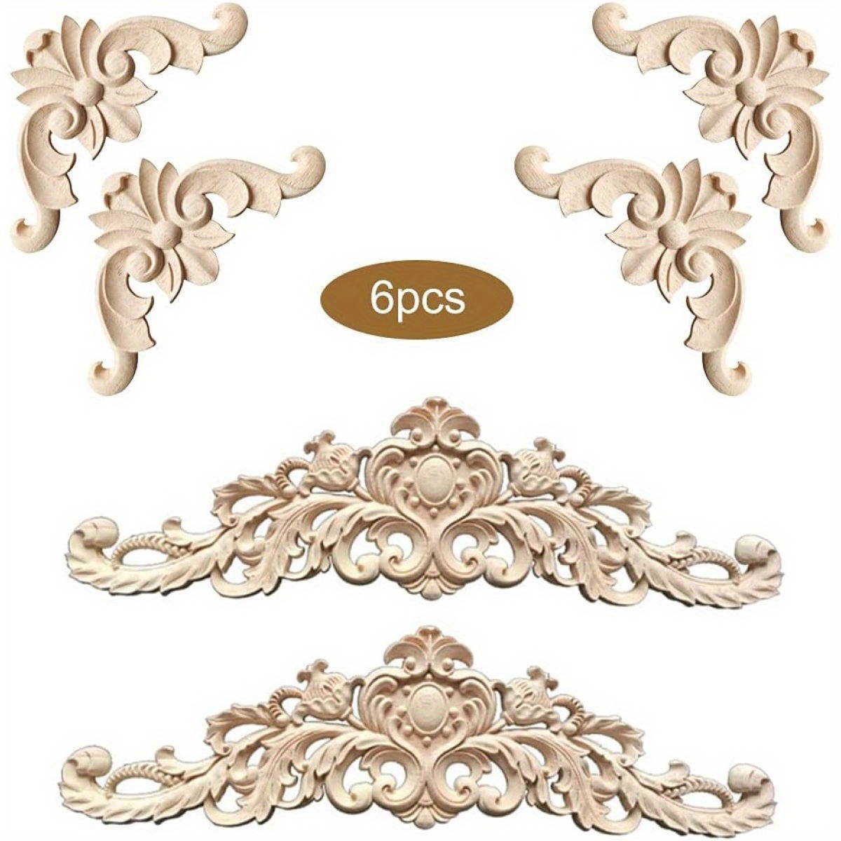 

6pcs Set Vintage Solid Wood Decorative Ornaments - Rubberwood Trim For Furniture, Walls & More