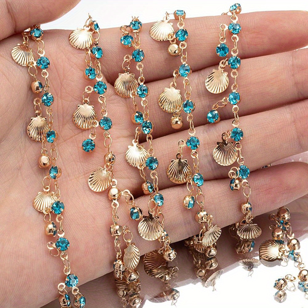 39.4inch Blue Beaded Chains Shell Pendants Rhenistone Charms Copper Chains For Necklace Earrings Making