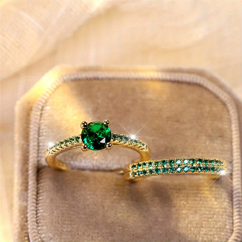 

Elegant 2pcs Golden-tone Green Zirconia Ring Set - Weddings & Gifts, Winter, New Year