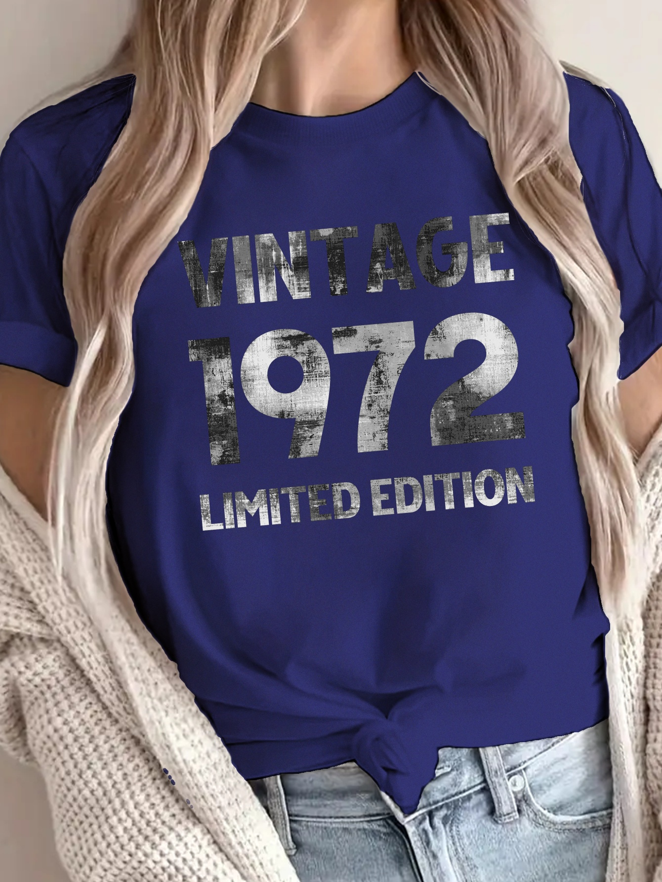 Vintage 1972 Edition Women's T-Shirt Pure Fit, Casual Crew Neck, Blue  with Distressed Print, Versatile Clothing Trendy