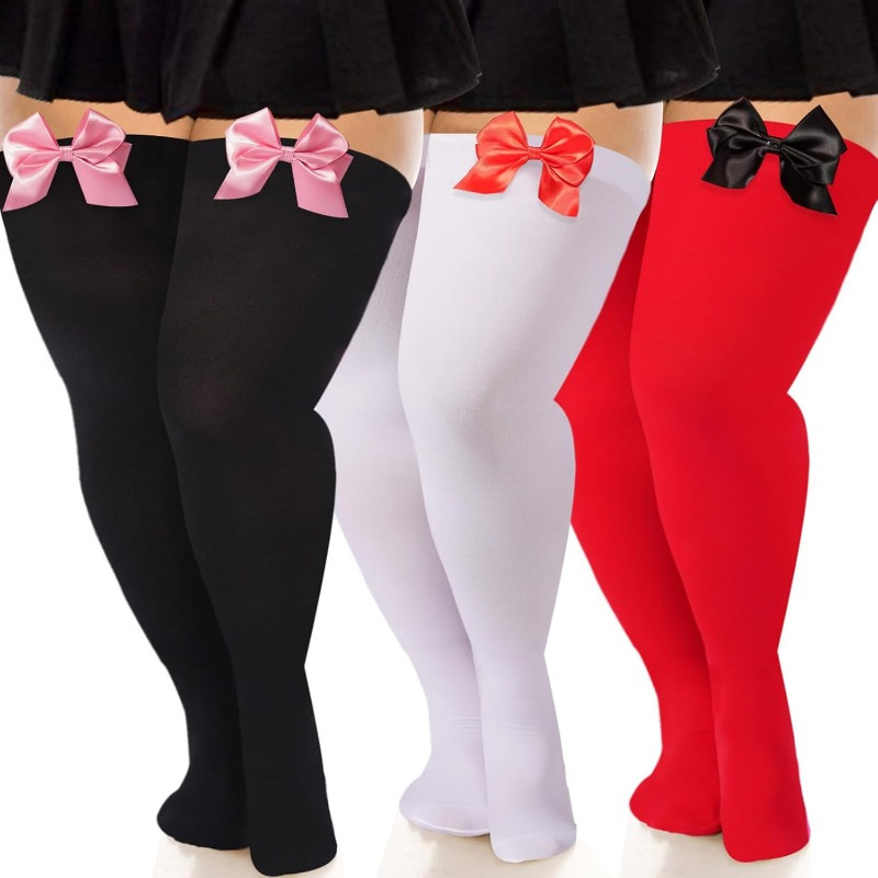 

1 Pair Women's Plus Size Thigh-high Opaque Over-the-knee Socks With Bow Detail - Polyamide Knit Fabric, Solid Color, Hand Washable