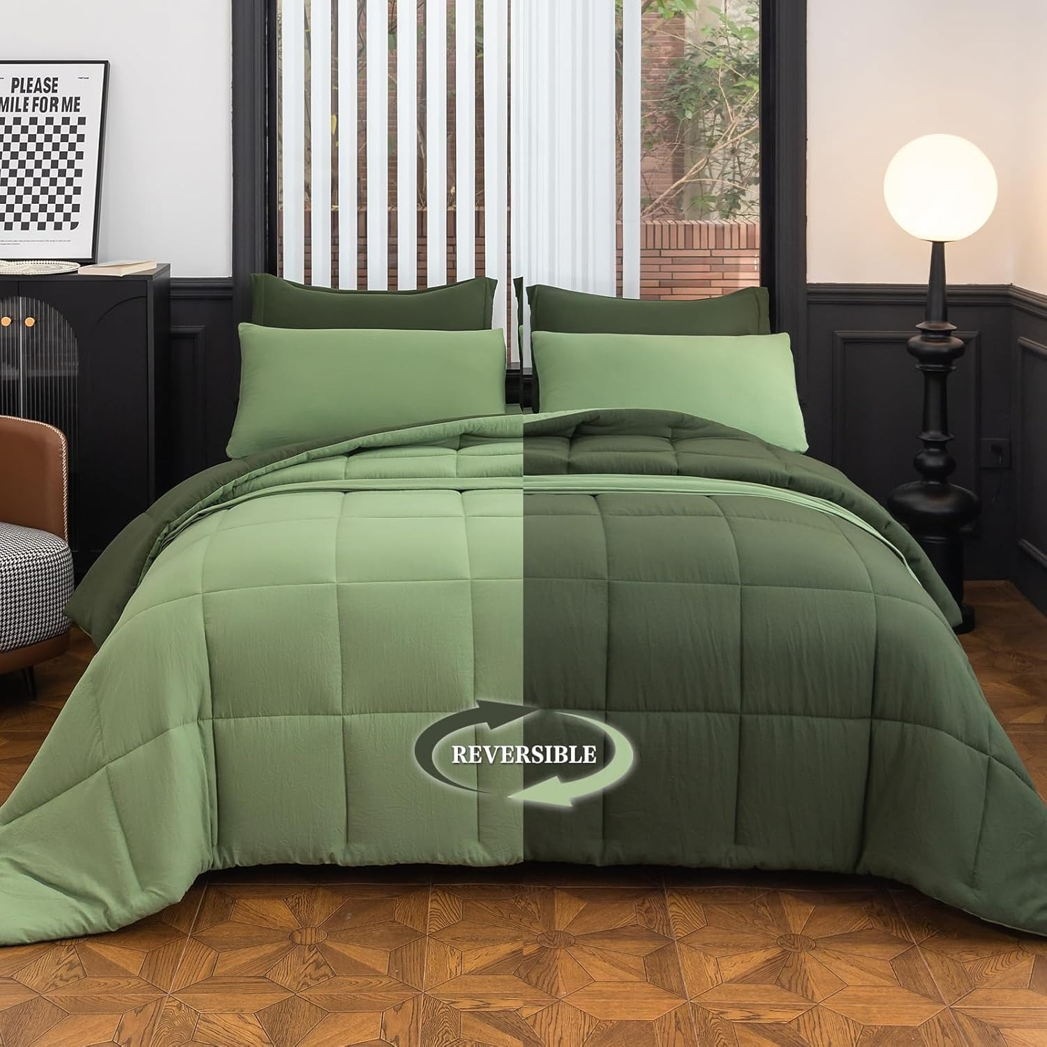 

Bed Skirt, Flat Sheet, Fitted Sheet, Pillowcase And Pillow Sham, Comforter Sets, 8 Piece Bed In A Bag Dark Green Bedding Sets With Box Stitched Lightweight Reversible Quilt