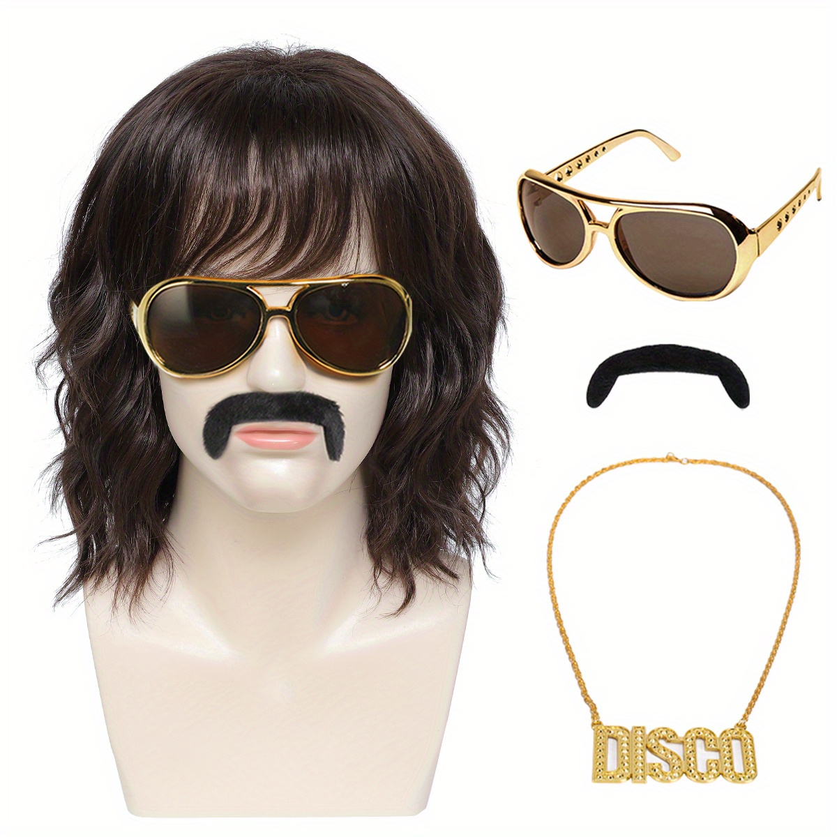 

Men's Disco Party Costume Set: Short Curly Wig With Bangs, Fashion Glasses & Mustache - High-density Synthetic Hair For & Cosplay, Includes Necklace - & Themed Events